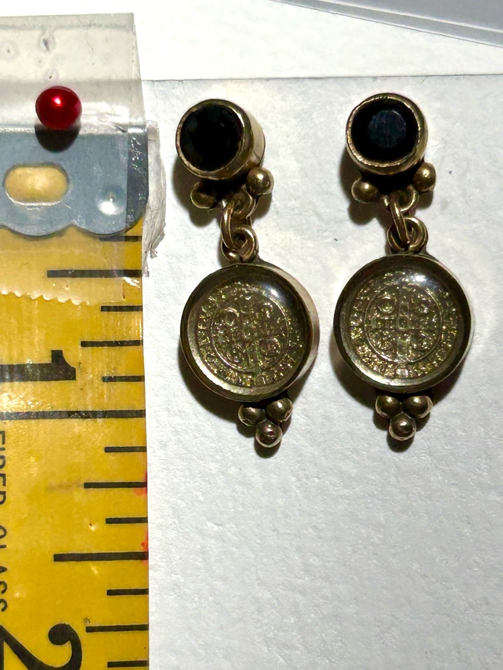 Virgin Saints & Angels Gold Tone Garnet Stone Drop Earrings EUC RARE - Picture 4 of 9